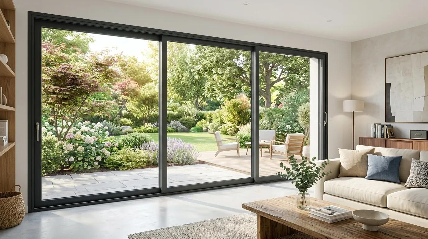 Vaste salon lumineux avec une baie vitrée neuve en aluminium double vitrage